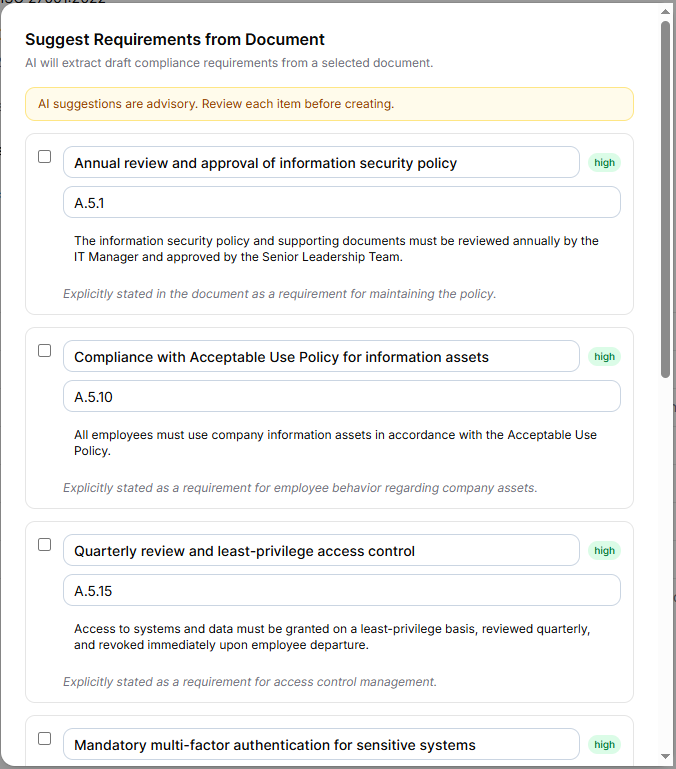 Suggest Requirements from Document modal. Header reads 'AI will extract draft compliance requirements from a selected document' with an advisory note 'AI suggestions are advisory. Review each item before creating.' Below are three extracted requirements with checkboxes, editable titles, ISO 27001 codes (A.5.1, A.5.10, A.5.15), descriptions, and reasoning explaining why each was extracted from the document. Each is marked 'high' priority.